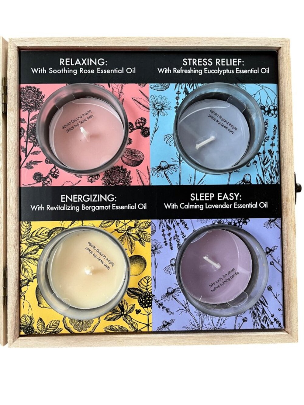 4 Bloomfield Luxury Soy Aromatherapy Candle Set W/ Essential Oils In Wooden Box
